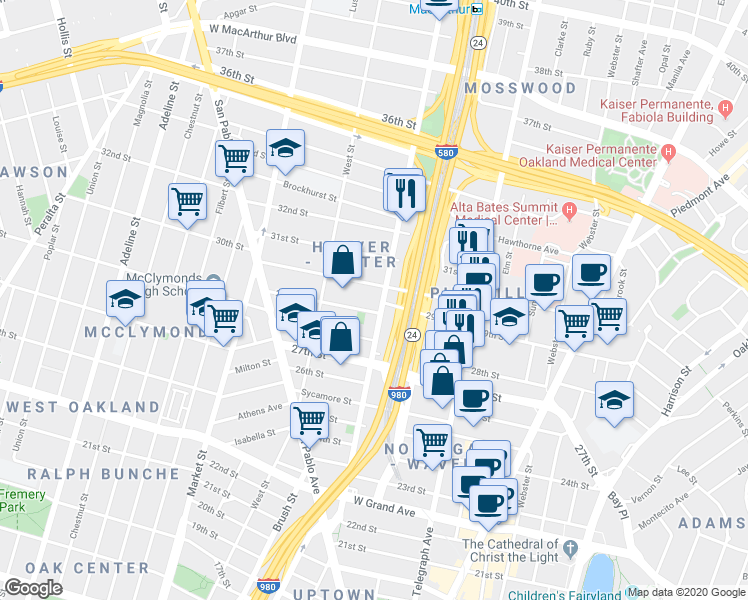 map of restaurants, bars, coffee shops, grocery stores, and more near in Oakland