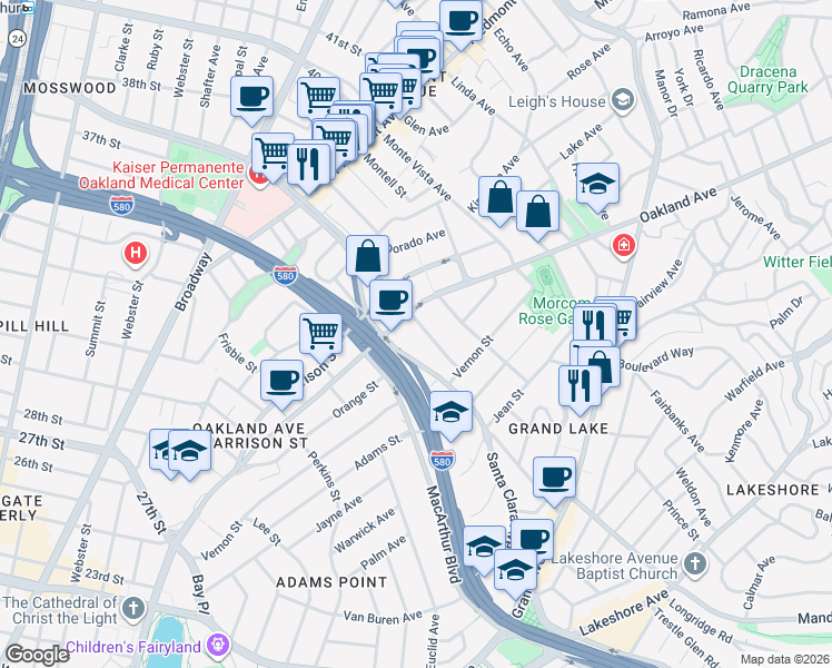 map of restaurants, bars, coffee shops, grocery stores, and more near 40 Moss Avenue in Oakland