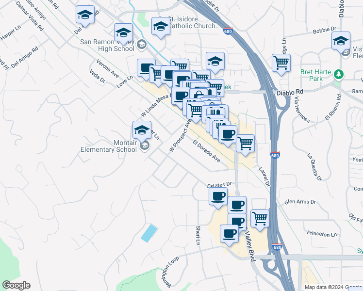 map of restaurants, bars, coffee shops, grocery stores, and more near 212 Sonora Avenue in Danville