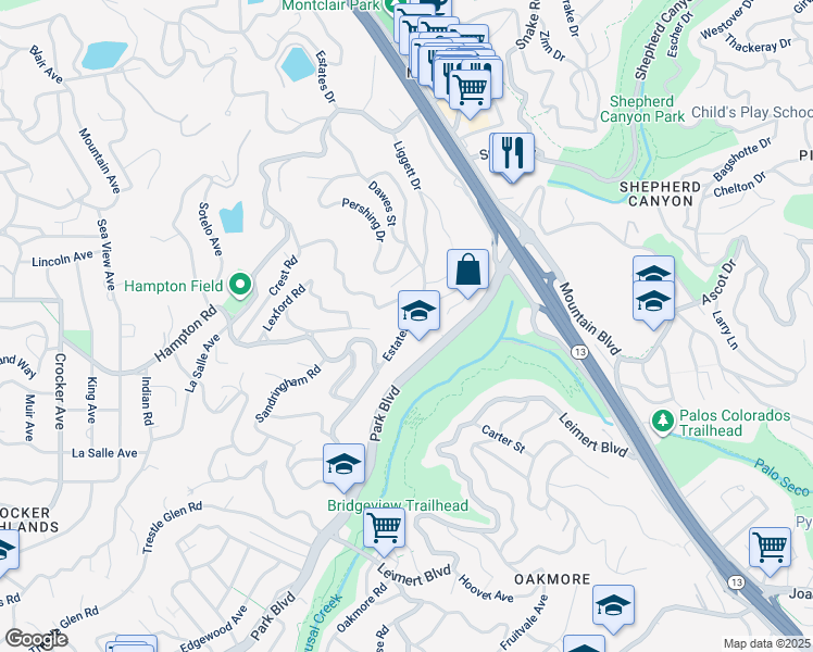 map of restaurants, bars, coffee shops, grocery stores, and more near 10040 Estates Drive in Oakland