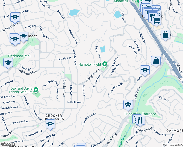 map of restaurants, bars, coffee shops, grocery stores, and more near 369 Hampton Road in Piedmont