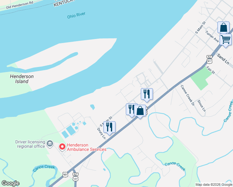 map of restaurants, bars, coffee shops, grocery stores, and more near Hackberry Street in Henderson