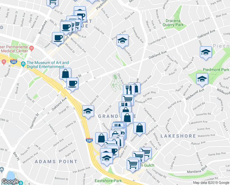 map of restaurants, bars, coffee shops, grocery stores, and more near 678 Chetwood Street in Oakland