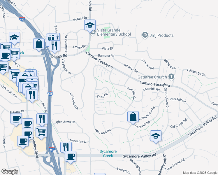 map of restaurants, bars, coffee shops, grocery stores, and more near 758 Ynez Circle in Danville