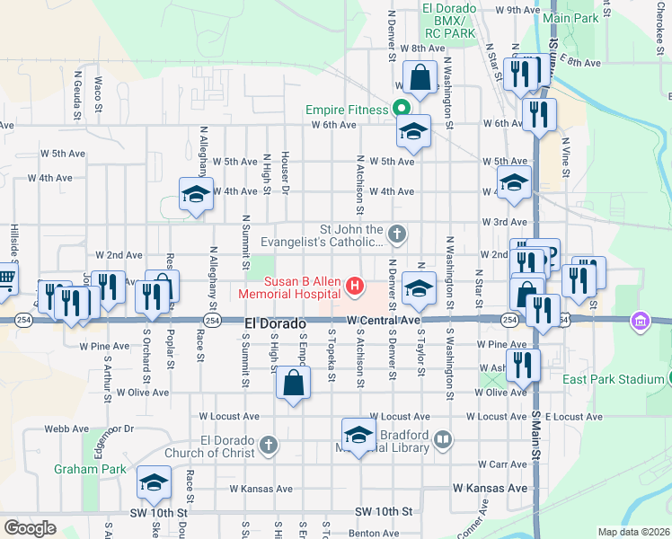 map of restaurants, bars, coffee shops, grocery stores, and more near 212 North Topeka Street in El Dorado