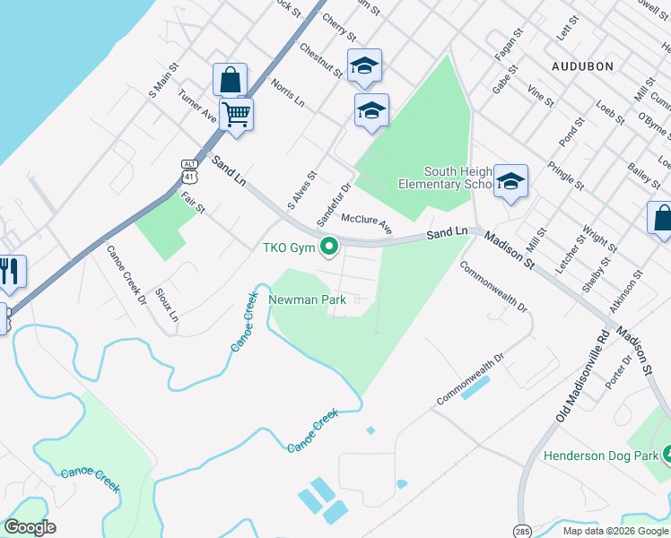 map of restaurants, bars, coffee shops, grocery stores, and more near 1325 Woodland Drive in Henderson