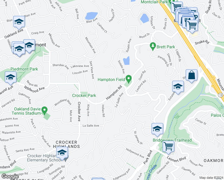 map of restaurants, bars, coffee shops, grocery stores, and more near 369 Hampton Road in Piedmont