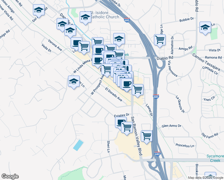 map of restaurants, bars, coffee shops, grocery stores, and more near 184 El Dorado Avenue in Danville