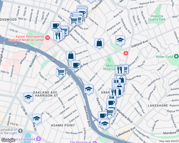 map of restaurants, bars, coffee shops, grocery stores, and more near in Oakland