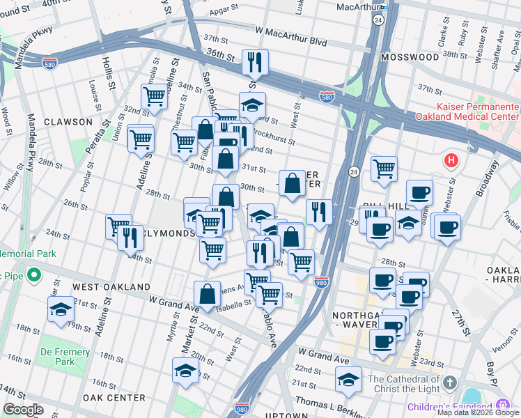 map of restaurants, bars, coffee shops, grocery stores, and more near 882 29th Street in Oakland