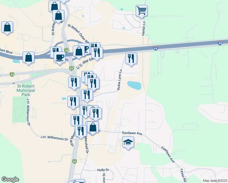 map of restaurants, bars, coffee shops, grocery stores, and more near 262 Vickie Lynn Lane in Saint Robert