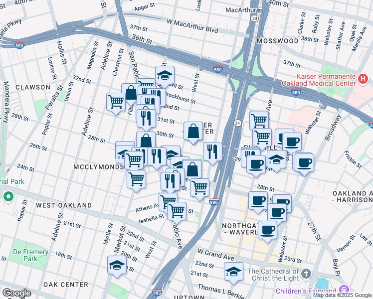map of restaurants, bars, coffee shops, grocery stores, and more near 756 29th Street in Oakland