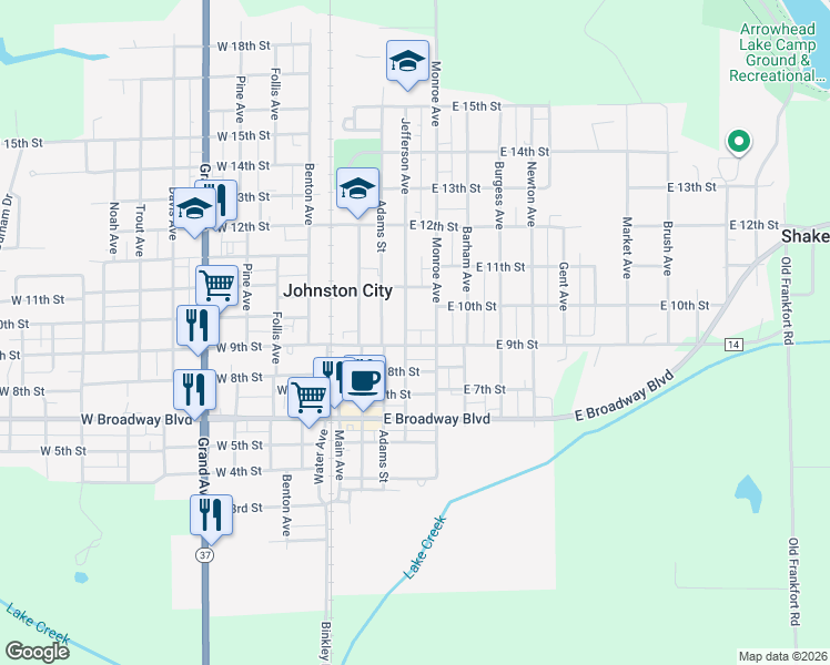 map of restaurants, bars, coffee shops, grocery stores, and more near 901 Jefferson Avenue in Johnston City