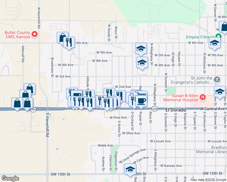 map of restaurants, bars, coffee shops, grocery stores, and more near 225 Jones Street in El Dorado