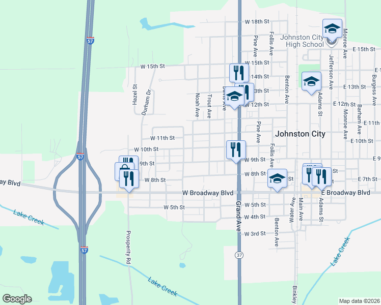 map of restaurants, bars, coffee shops, grocery stores, and more near 908 Noah Avenue in Johnston City