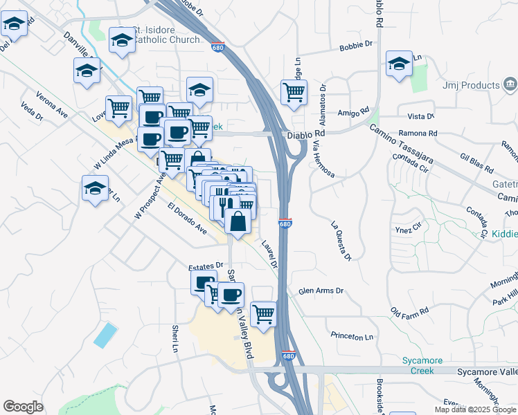 map of restaurants, bars, coffee shops, grocery stores, and more near Hartz Way & River Rock Lane in Danville