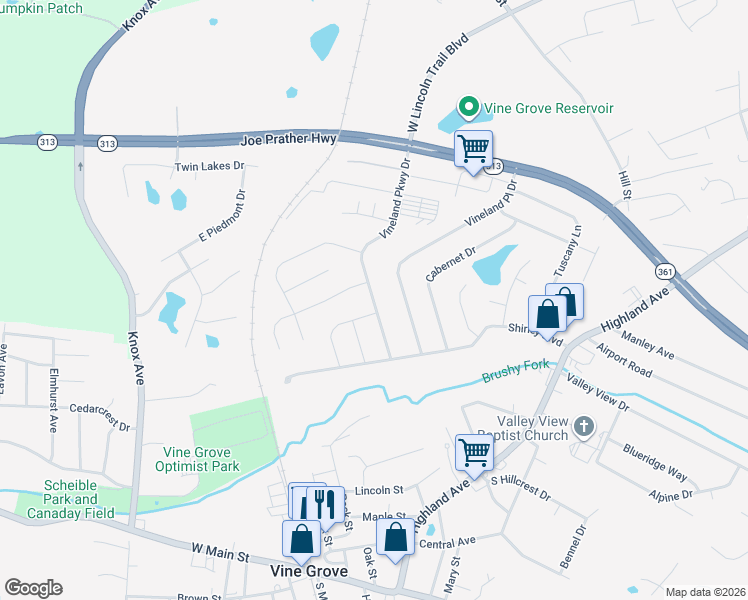 map of restaurants, bars, coffee shops, grocery stores, and more near 280 Vineland Parkway Drive in Vine Grove