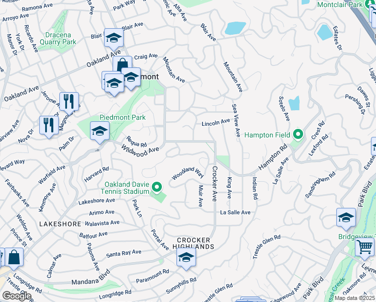 map of restaurants, bars, coffee shops, grocery stores, and more near 138 Wildwood Gardens in Piedmont