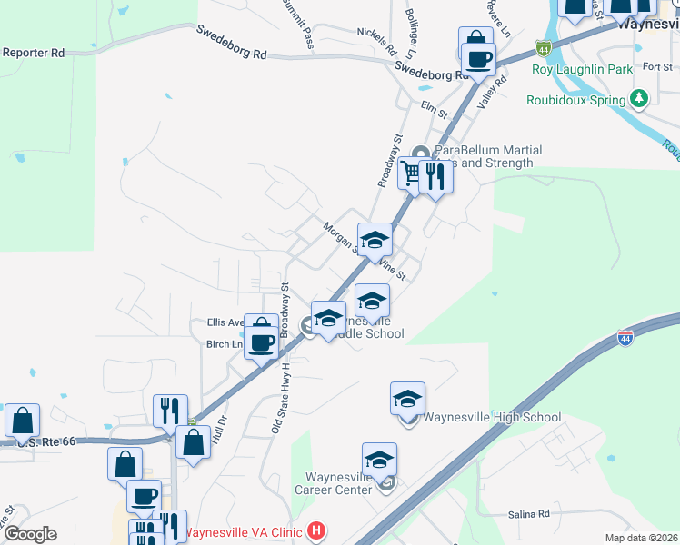 map of restaurants, bars, coffee shops, grocery stores, and more near 102 Short Street in Waynesville