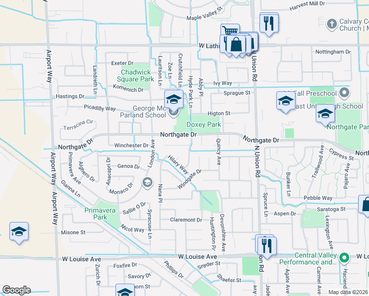 map of restaurants, bars, coffee shops, grocery stores, and more near 1516 Liverpool Court in Manteca