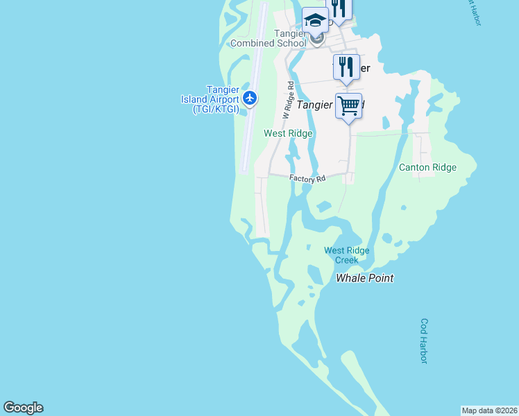 map of restaurants, bars, coffee shops, grocery stores, and more near 16642-16798 Hog Ridge Road in Tangier
