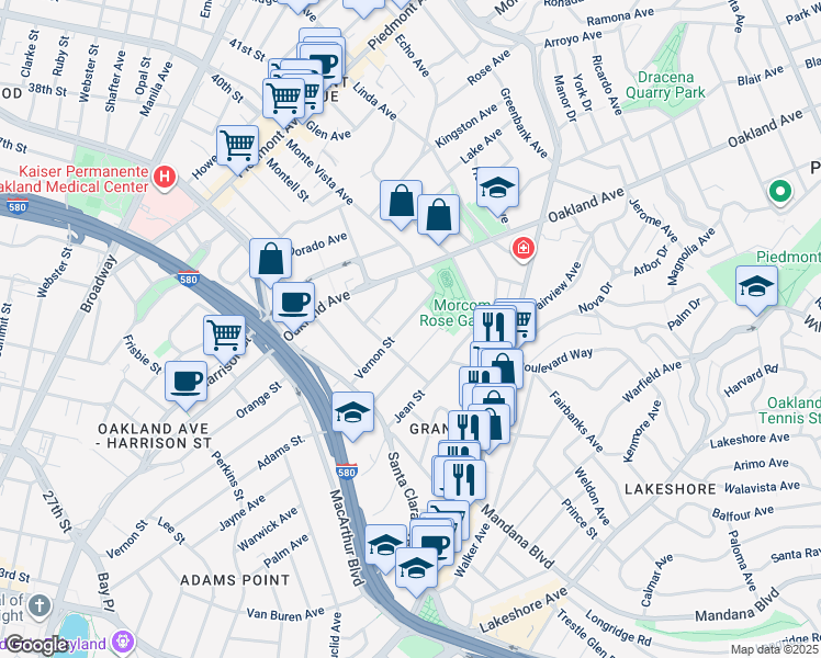 map of restaurants, bars, coffee shops, grocery stores, and more near 658 Vernon Street in Oakland