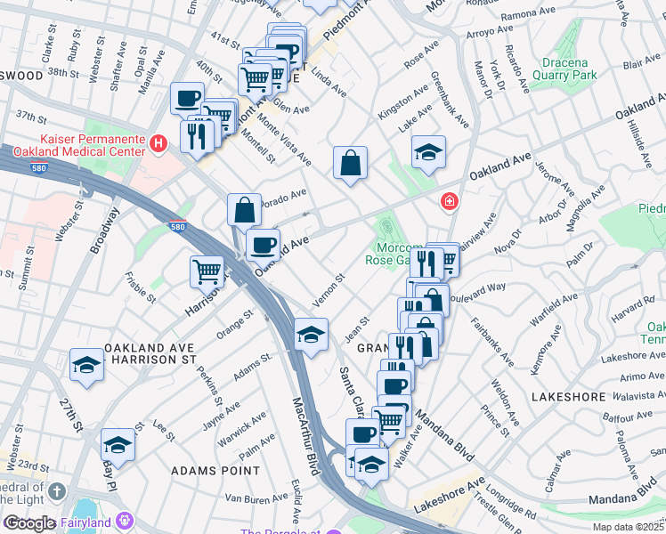 map of restaurants, bars, coffee shops, grocery stores, and more near in Oakland