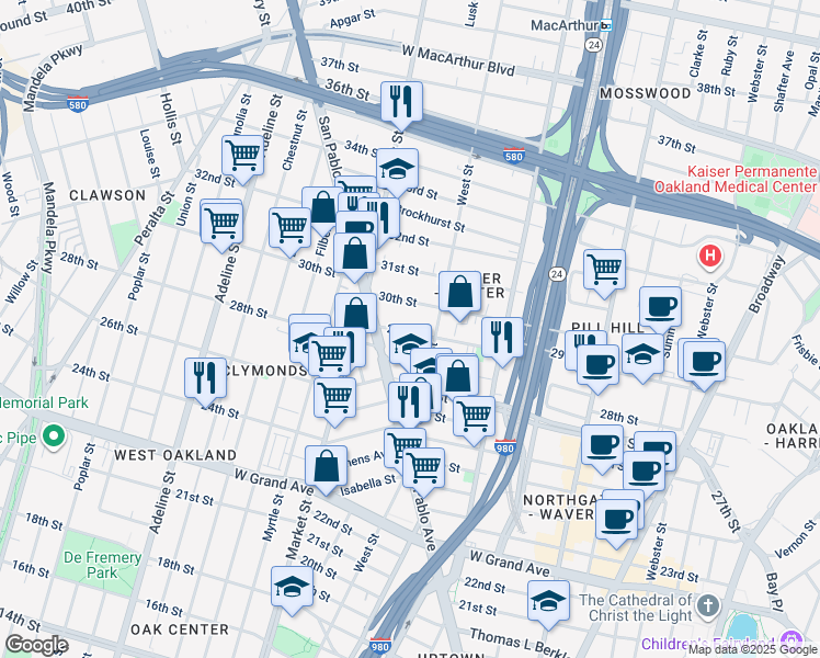 map of restaurants, bars, coffee shops, grocery stores, and more near 882 29th Street in Oakland