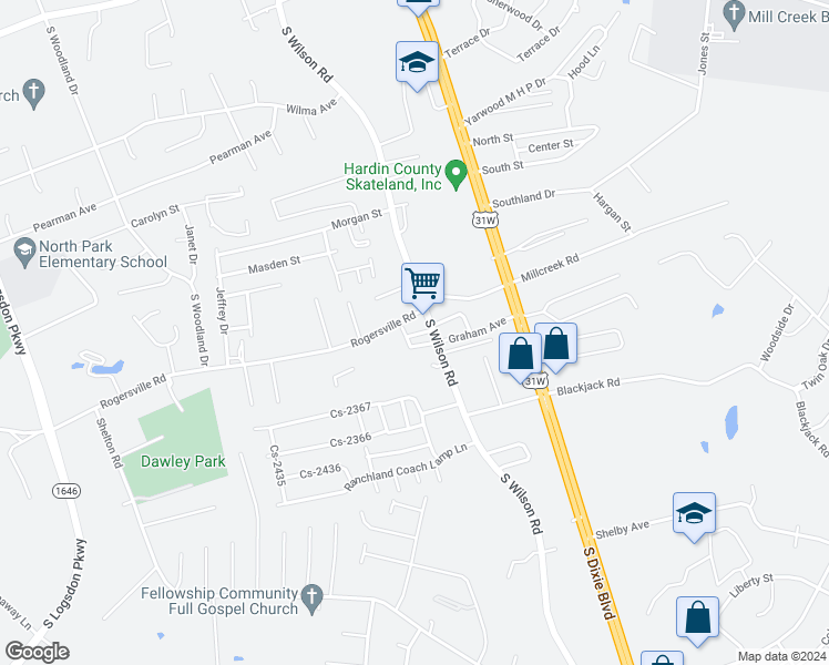 map of restaurants, bars, coffee shops, grocery stores, and more near 1601 S Wilson Rd in Radcliff
