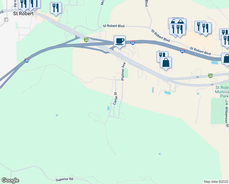 map of restaurants, bars, coffee shops, grocery stores, and more near 141 Plattner Avenue in Saint Robert