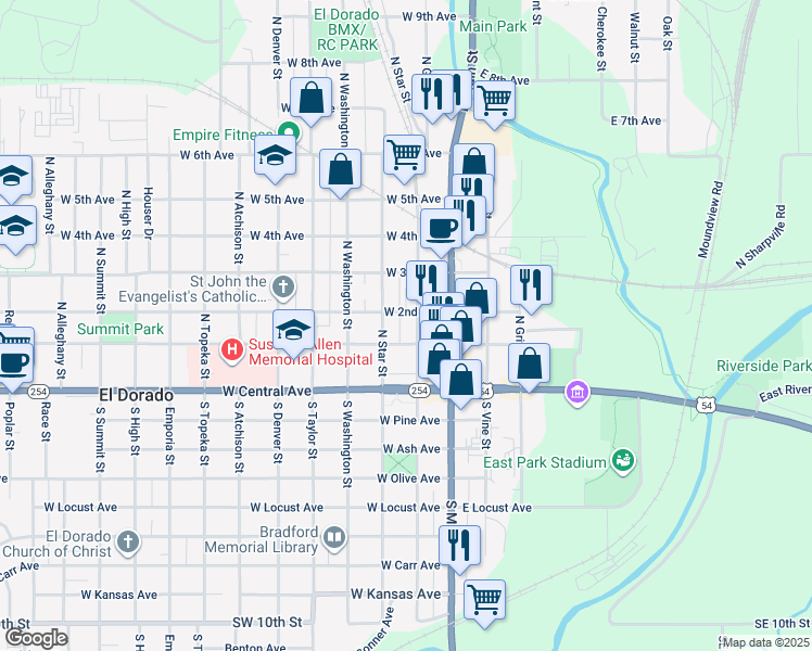 map of restaurants, bars, coffee shops, grocery stores, and more near 222 North Star Street in El Dorado