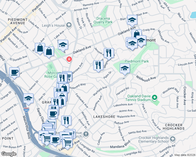 map of restaurants, bars, coffee shops, grocery stores, and more near 100 Palm Drive in Piedmont