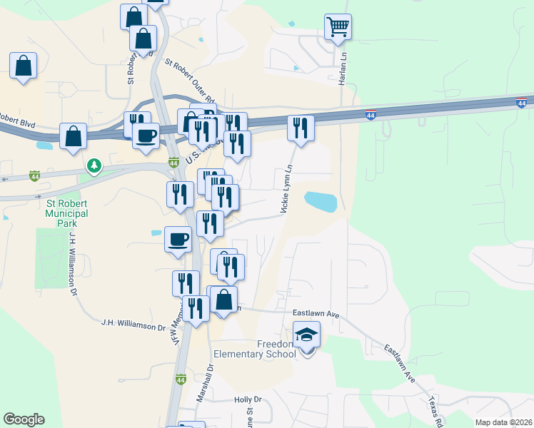 map of restaurants, bars, coffee shops, grocery stores, and more near 262 Vickie Lynn Lane in Saint Robert
