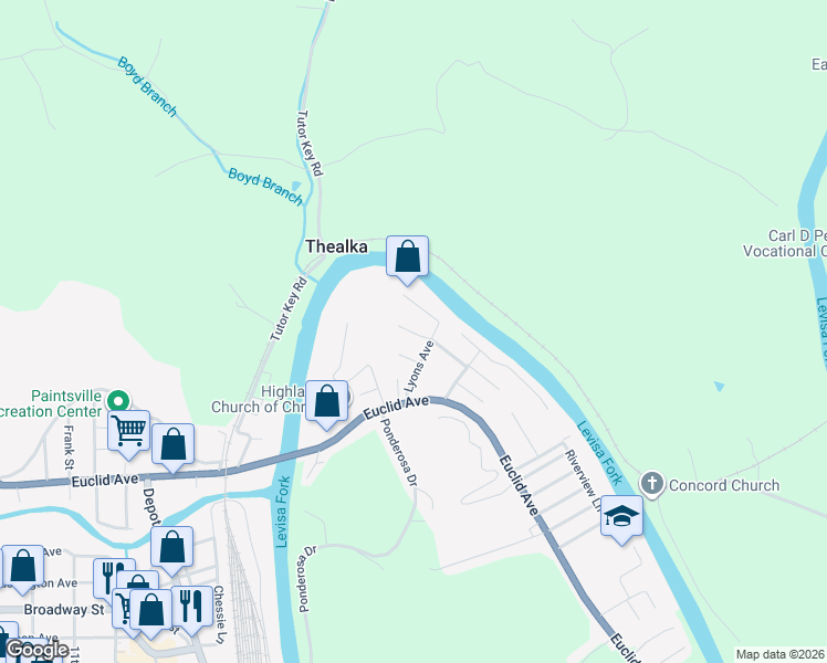 map of restaurants, bars, coffee shops, grocery stores, and more near 1003 Dogwood Lane in Paintsville