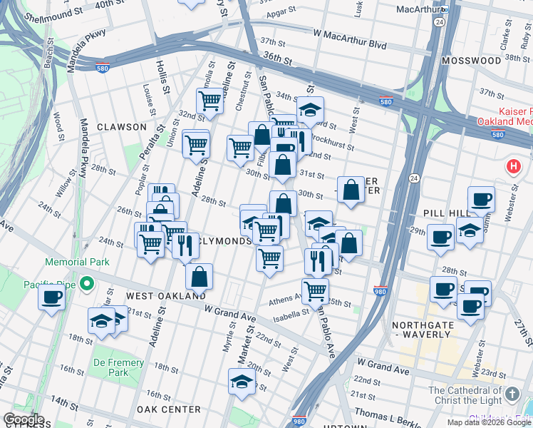 map of restaurants, bars, coffee shops, grocery stores, and more near 942 28th Street in Oakland