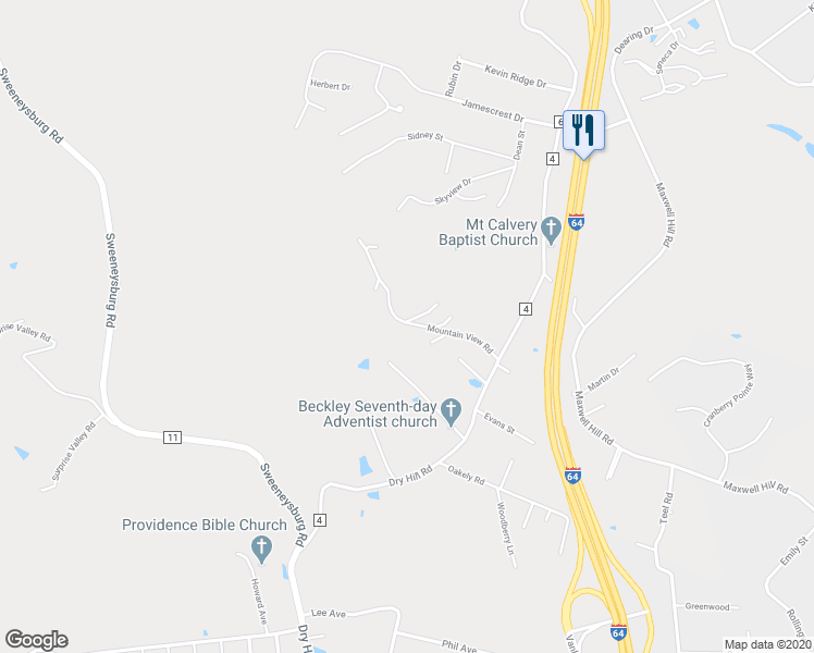 map of restaurants, bars, coffee shops, grocery stores, and more near 425 Mountain View Road in Beckley