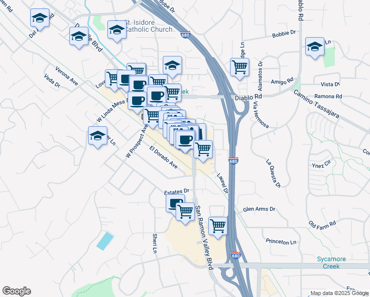 map of restaurants, bars, coffee shops, grocery stores, and more near 345 Railroad Avenue in Danville