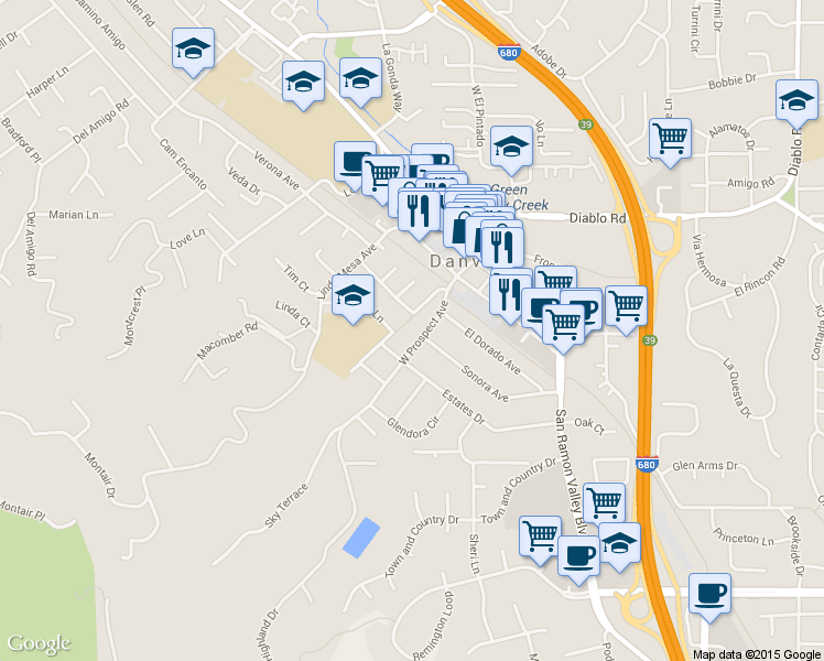 map of restaurants, bars, coffee shops, grocery stores, and more near 246 W Prospect Ave in Danville