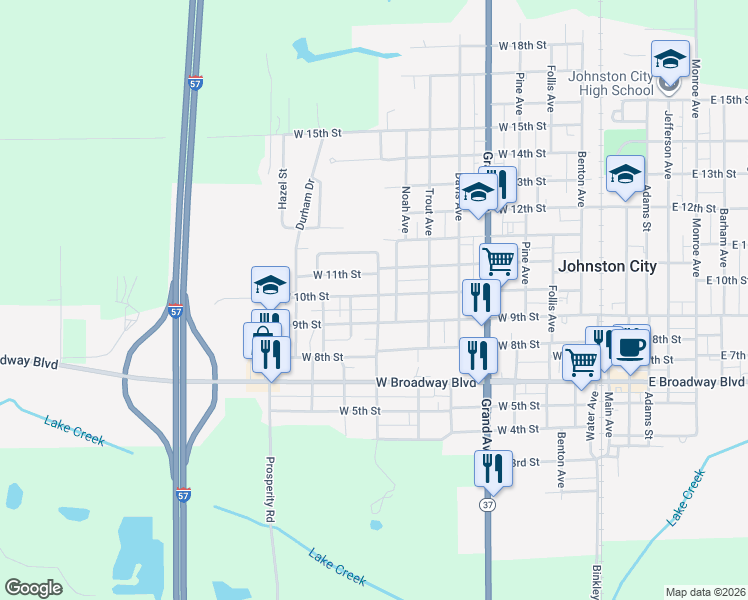 map of restaurants, bars, coffee shops, grocery stores, and more near 801 West 10th Street in Johnston City