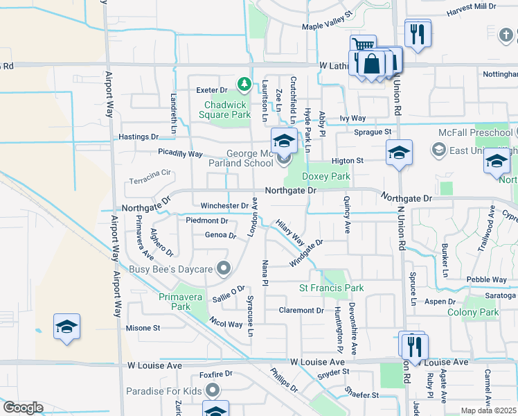 map of restaurants, bars, coffee shops, grocery stores, and more near 1478 London Avenue in Manteca