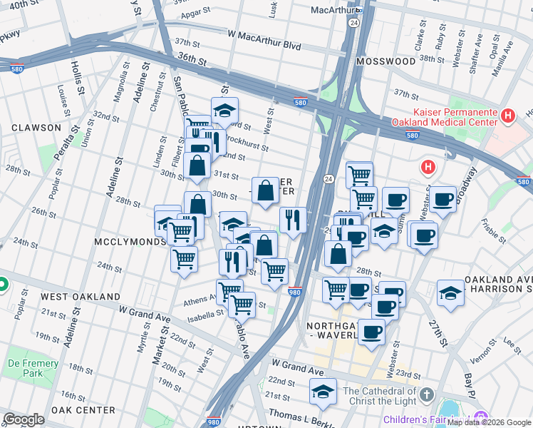 map of restaurants, bars, coffee shops, grocery stores, and more near 730 29th Street in Oakland
