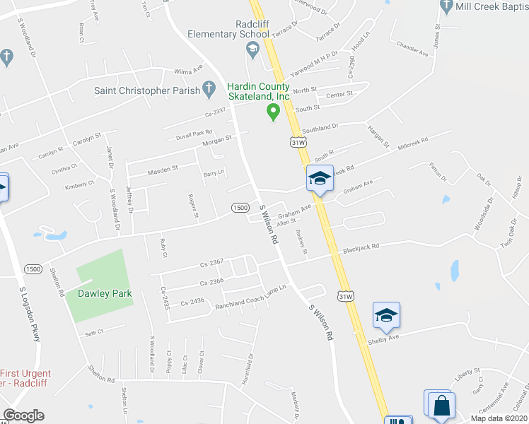 map of restaurants, bars, coffee shops, grocery stores, and more near 1601 South Wilson Road in Radcliff