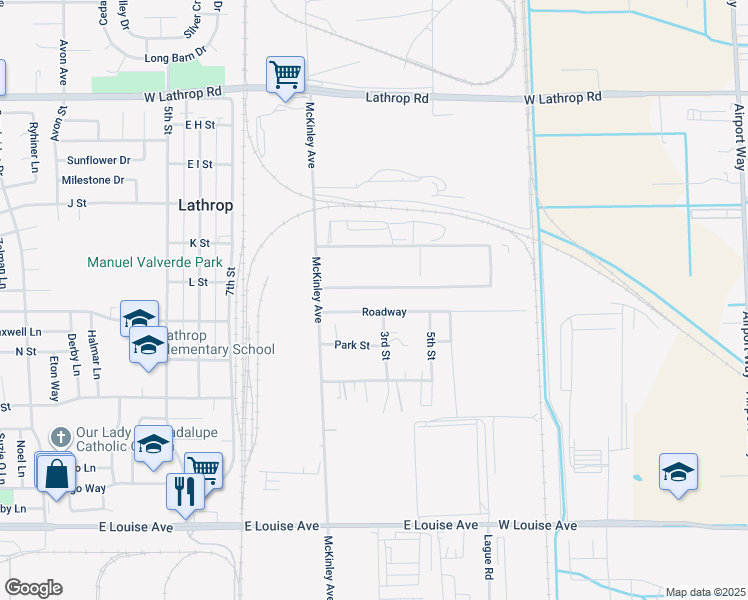 map of restaurants, bars, coffee shops, grocery stores, and more near 15700 McKinley Avenue in Lathrop