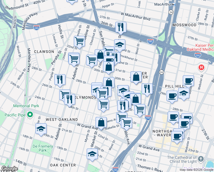 map of restaurants, bars, coffee shops, grocery stores, and more near 2941 Market Street in Oakland