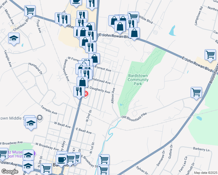 map of restaurants, bars, coffee shops, grocery stores, and more near Cs-1160 in Bardstown