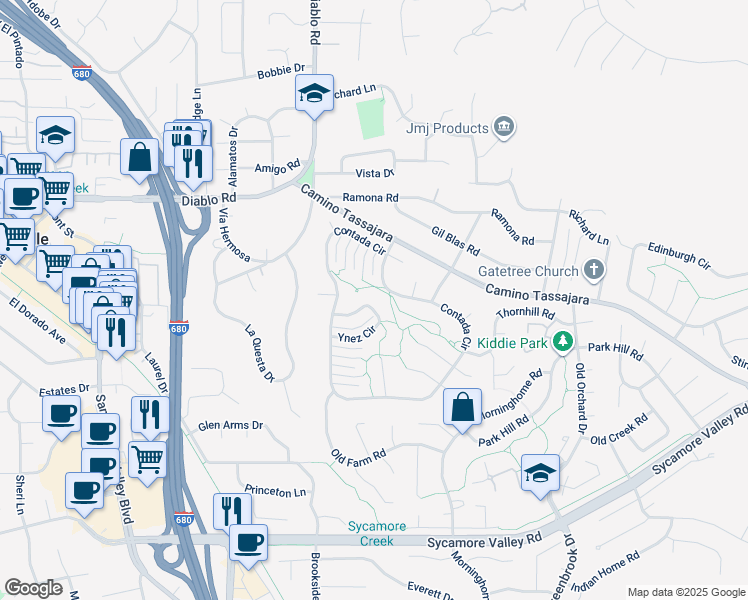 map of restaurants, bars, coffee shops, grocery stores, and more near 758 Ynez Circle in Danville