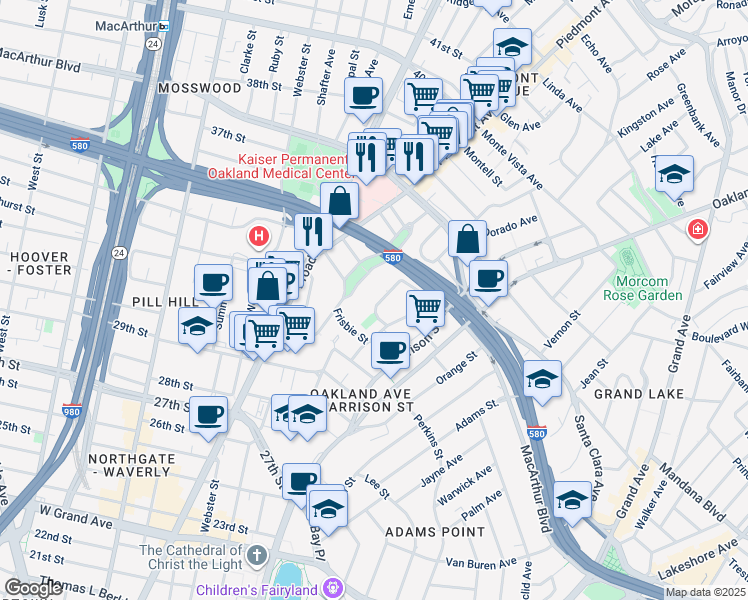 map of restaurants, bars, coffee shops, grocery stores, and more near 3278 Kempton Avenue in Oakland
