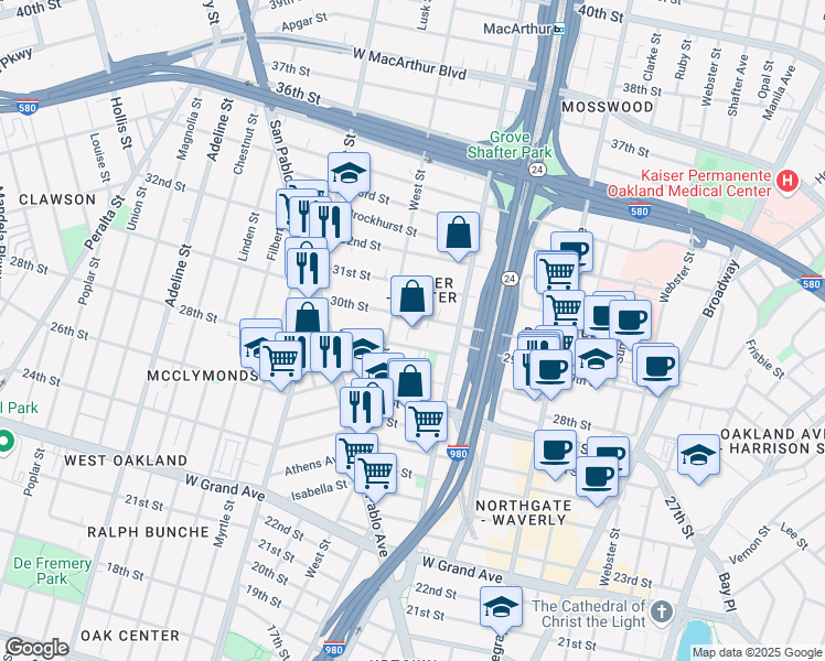 map of restaurants, bars, coffee shops, grocery stores, and more near 699 30th Street in Oakland