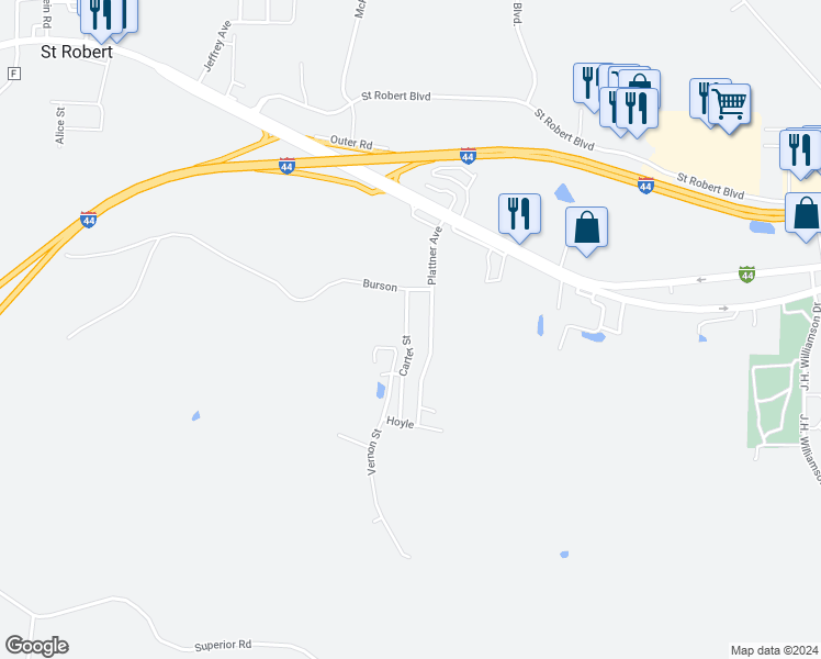 map of restaurants, bars, coffee shops, grocery stores, and more near 141 Plattner Avenue in Saint Robert