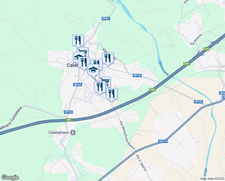 map of restaurants, bars, coffee shops, grocery stores, and more near 19 Via Banco Monteforte in Calatabiano